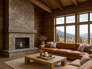 EcoSmart Fire Heritage 42SS Fireplace elevates a Residential Cabin living room with a wall-mounted ventless bioethanol installation indoors.