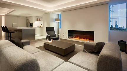 EcoSmart Fire XL1200 Ethanol Burner spans the living room hearth of a private residence, offering clean-burning bioethanol flame.